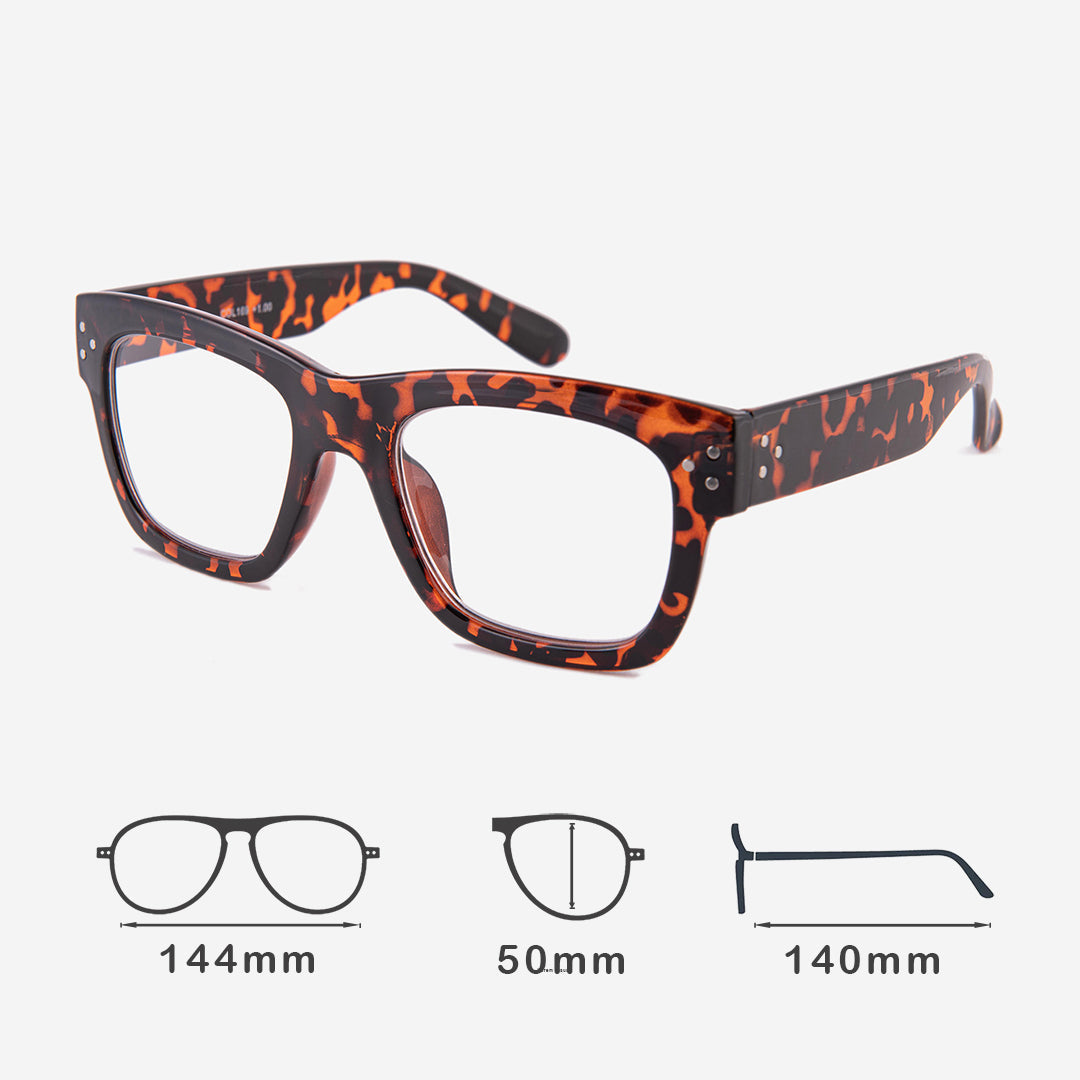 Square reading glasses - orange and black tortoiseshell pattern
