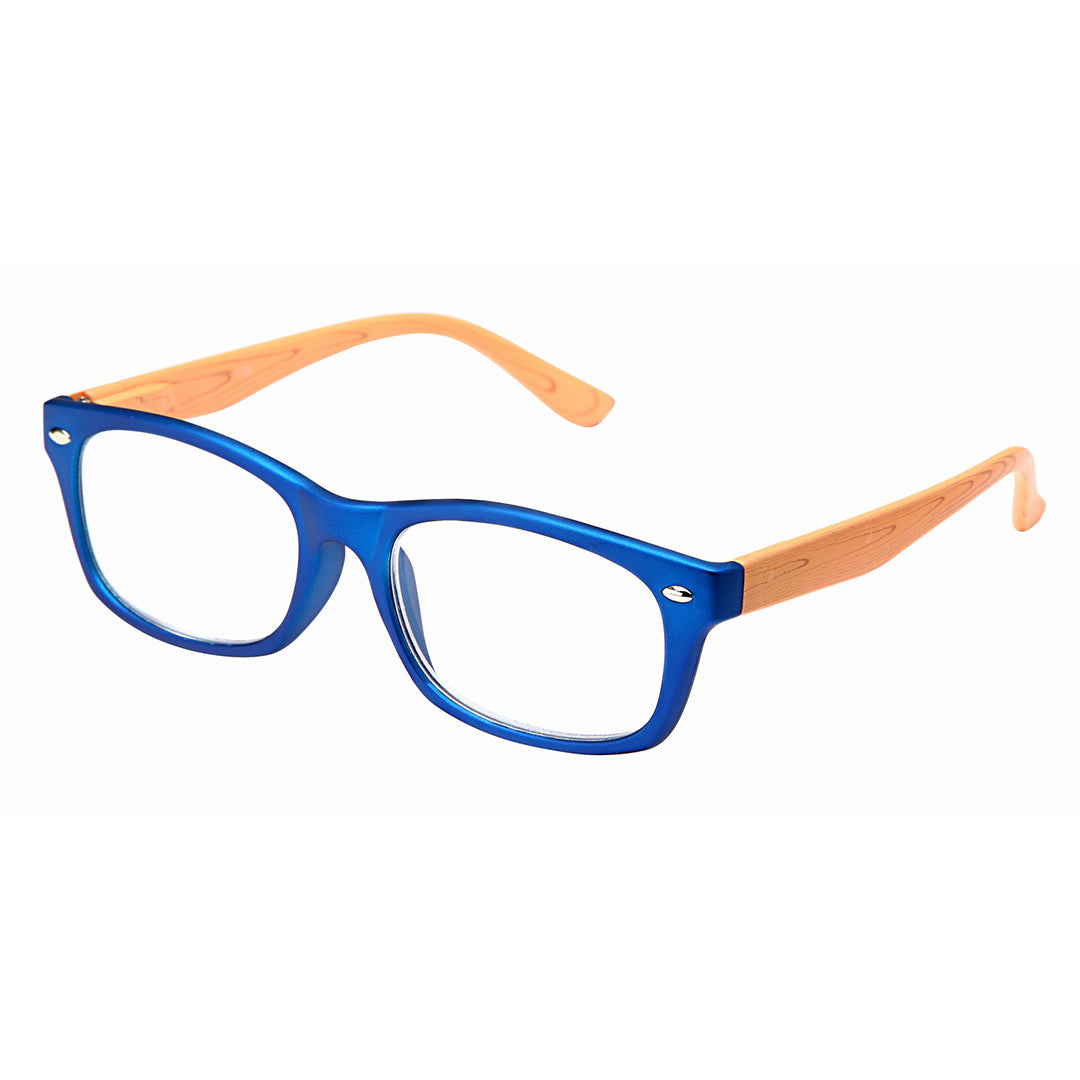 Blue reading glasses with wooden arms