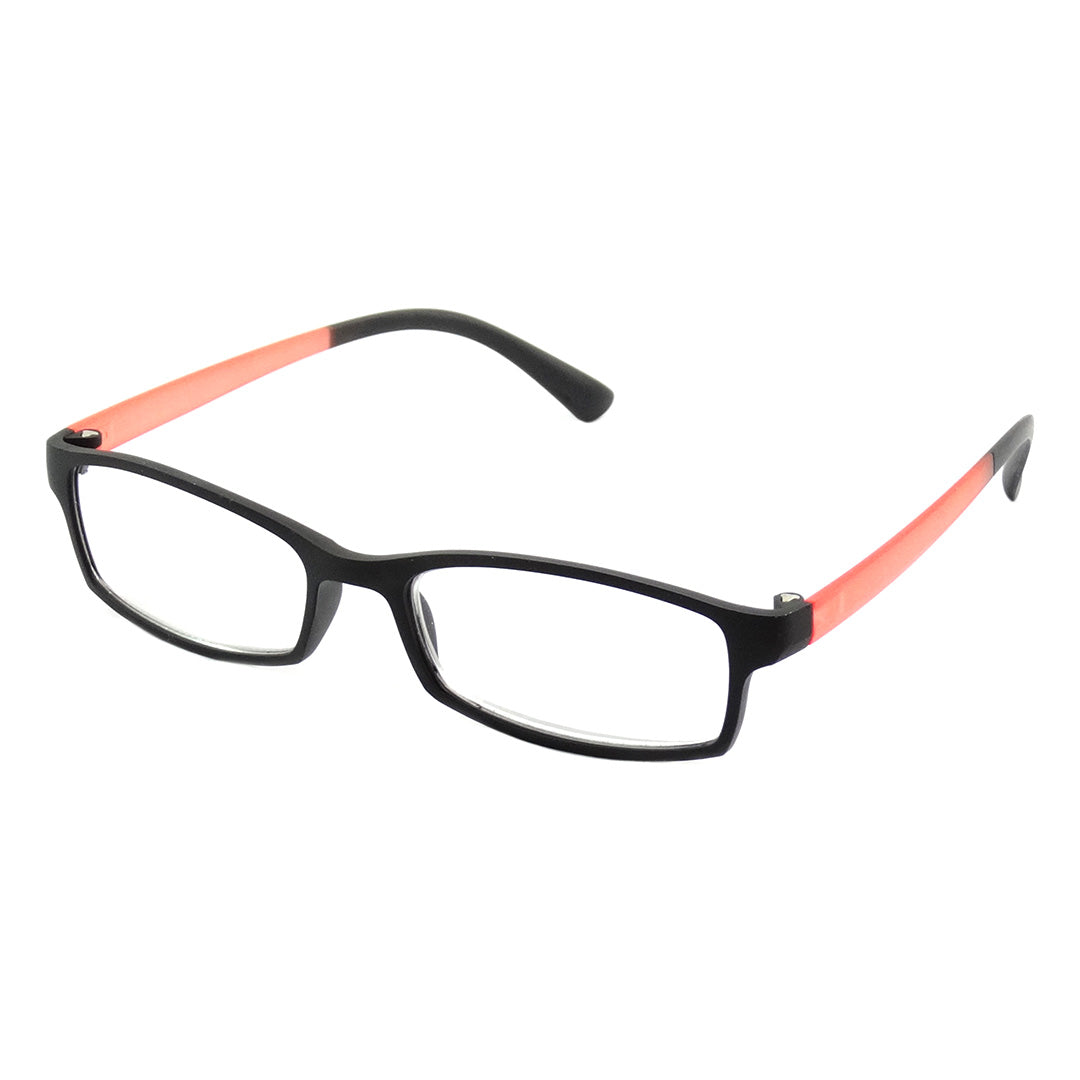 Rectangular black reading glasses with orange branches